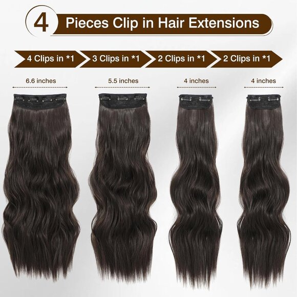 New Clip-in Hair Extensions Dark Brown 4PCS Long Wavy Soft Thick Synthetic - Picture 2 of 6
